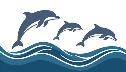Fototapeta premium Vector three dolphins jumping out of wavy ocean water