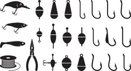 Fishing tackle silhouettes set with hooks, bobbers, lures, line spool and pliers © Open Expression