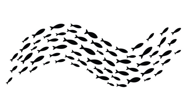 Vector school of small fish swimming together in a wavy pattern