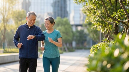 Obraz premium Energetic Asian senior couple jogging in modern urban park checking smartwatch