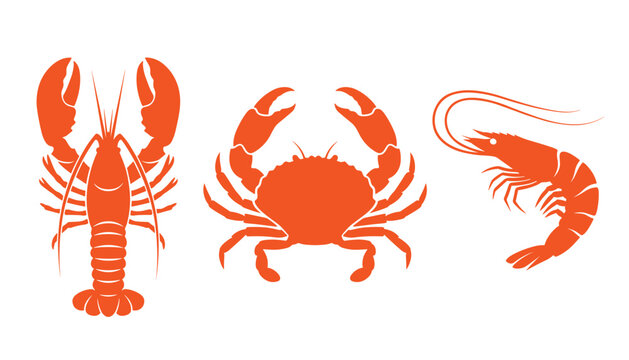 Vector three orange seafood icons including a lobster, crab, and shrimp