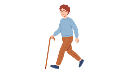 Fototapeta premium Vector elderly man with curly hair and glasses walking with a wooden cane