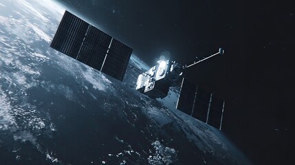 Fototapeta premium Satellite is deploying solar panels while orbiting the planet earth, facilitating worldwide communication, advanced technology, and scientific exploration from space