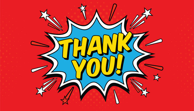 Vector comic book style speech bubble with text thank you on a red background with halftone dots and starburst elements