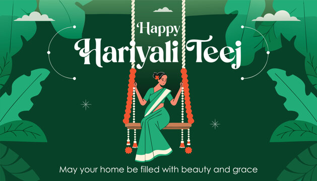 Graphic illustration of woman sitting on swing during hariyali teej festival celebration