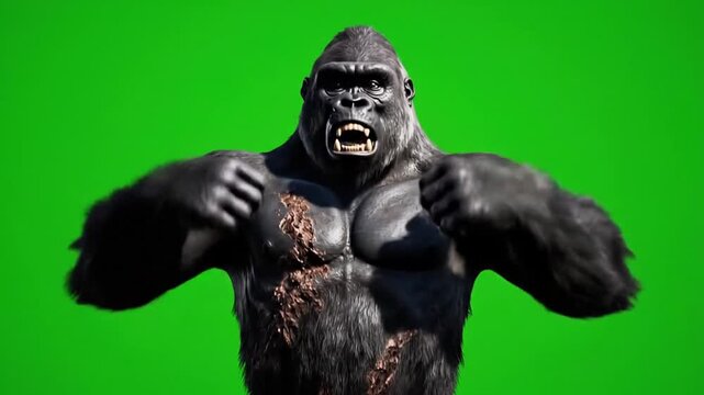 A powerful silverback gorilla stands aggressively on a green screen, ready for compositing.