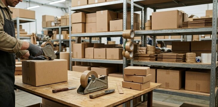 Vertical scene inside packing station where manual tools replace automation
