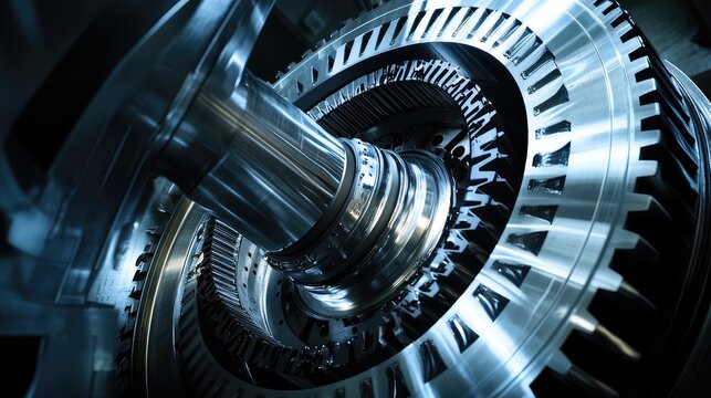 Industrial turbine engine mechanism featuring a central rotating shaft and radial blades, highlighting precision engineering, advanced technology, and metallic construction for power generation