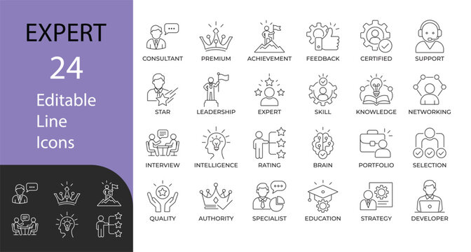Expert icon set. Contains symbols for business partnership, strategy, success, and management. Line vector design for corporate presentations and workflow.