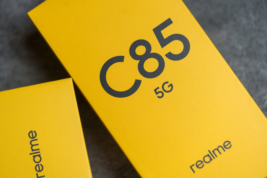 Bangkok, Thailand - May 6, 2026 : A box of Realme C85 5G. Light Feather Design