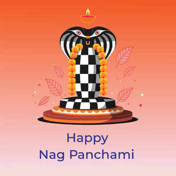 Checkered pattern cobra serpent illustration for nag panchami festival greeting