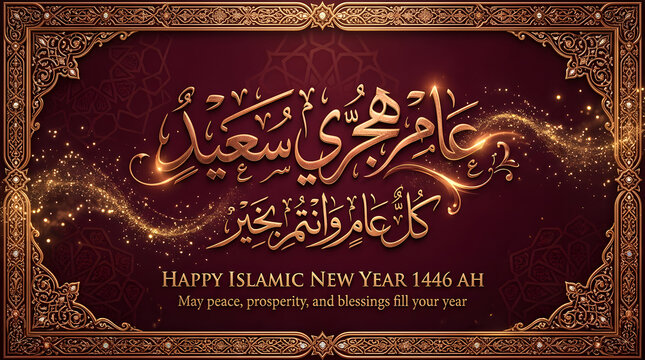 Elegant greeting for Islamic New Year celebration with ornate borders and glowing lights