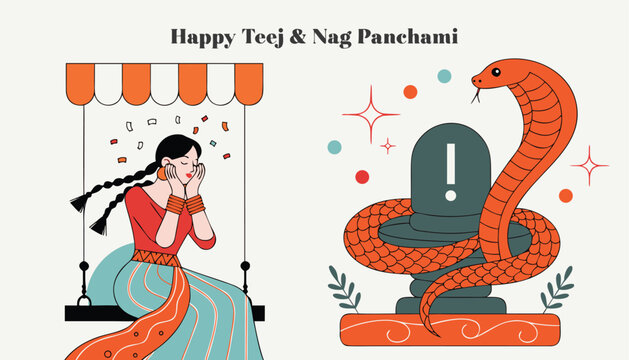 Traditional celebration card for happy teej and nag panchami featuring woman on swing and cobra snake near shiva lingam icon