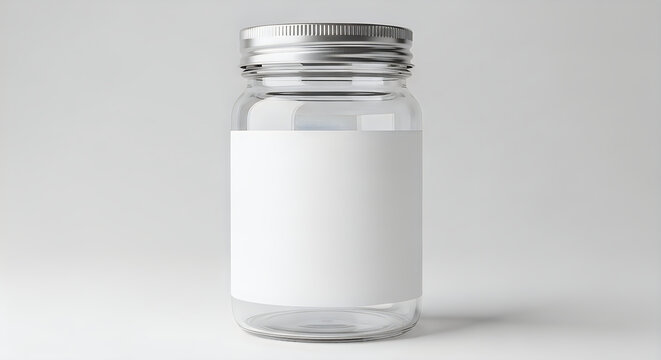Glass bottle with silver screw top and blank white label on gray background