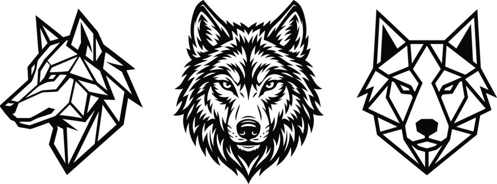 Wolf head illustration set featuring geometric polygonal designs and realistic detailed fur textures for wildlife, logo, and artistic concepts