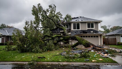 Obraz premium A large tree has fallen on a house causing significant damage to the roof and surrounding area with debris scattered everywhere.