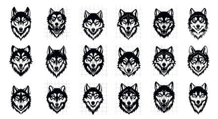 Collection of stylized wolf and husky head illustrations in a grid layout featuring detailed black and white line art with sharp features and intense expressions ideal for graphic © PABITRA