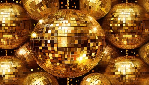 shimmering gold disco ball seamless pattern featuring mirror tiles and sparkling sequins ideal for glamorous party backdrops and retro club event designs