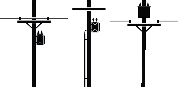 Electrical distribution pole icon set featuring transformers, insulators, and utility equipment for energy, infrastructure, and power grid concepts