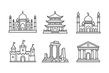 Six iconic architectural styles illustrated as simple line art icons © Md. Alamin Mia