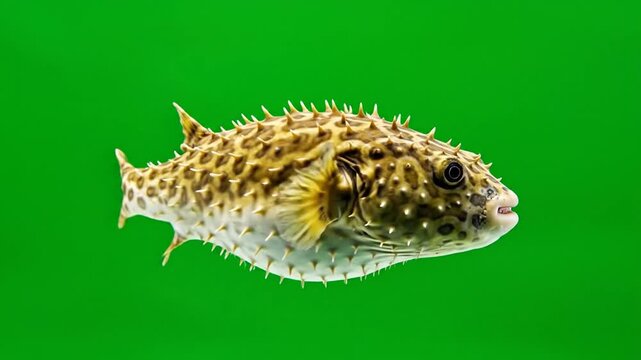 A spiky pufferfish with brown and white patterns swims against a vibrant green background, showcasing its unique defense mechanism.