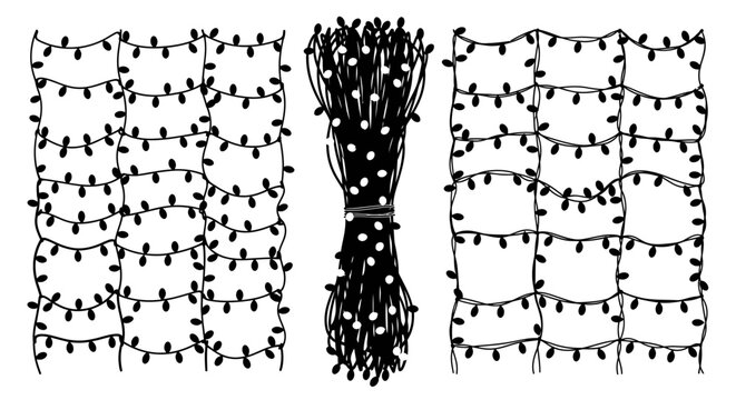 Festive string lights displayed in three arrangements two rectangular grids and a central bundle tied together evoking holiday cheer and celebration ready for decorating