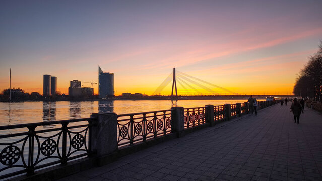 Vanshu suspension bridge in Riga, Latvia against the sunset sky