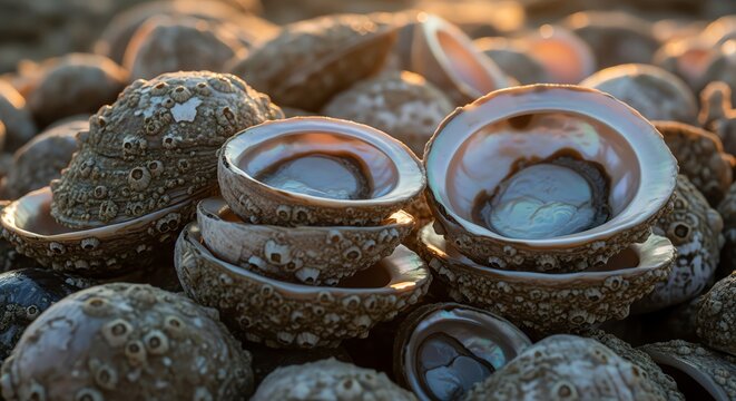 Group of natural abalone seashells stacked together on a beach under warm sunset light with detailed textures and iridescent mother of pearl interiors
