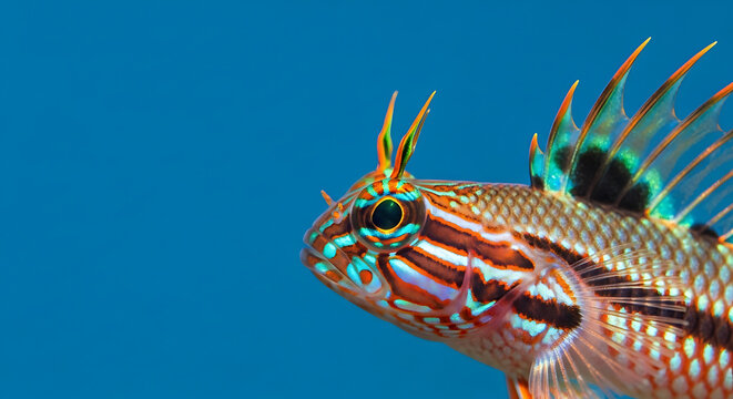 Vivid saltwater tank firefish with vibrant orange and blue patterns swimming against a clear blue background, macro photography with sharp details and shallow depth of field, aquatic life.