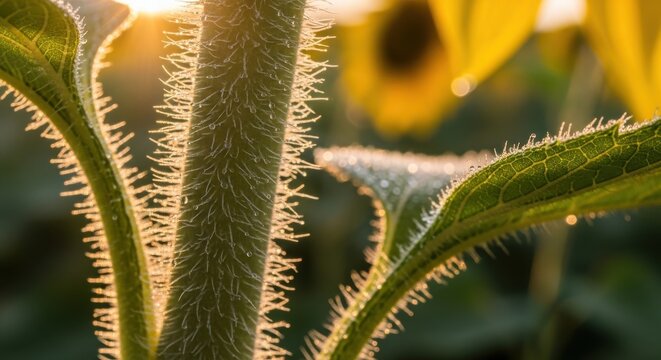 Morning dew glistens on the fuzzy stem and leaves of a sunflower in warm golden hour sunlight