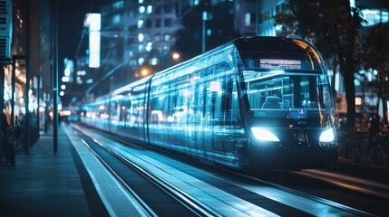 Fototapeta premium Modern electric tram with glowing blue light reflections traveling on tracks through a futuristic city at night, illustrating advanced public transportation and urban technology