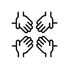 Obraz premium Four hands reaching center icon symbolizing cooperation unity community support and partnership.