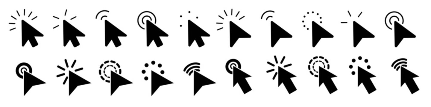 Cursor click icon collection in black. Set of pointer, click, tap, select, touch, cursor, arrow and navigation icons