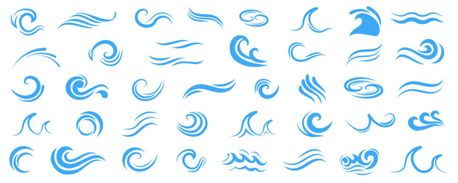Ocean wave icon collection in blue. Set of sea, surf, water, ripple, swirl, tide and aquatic symbols