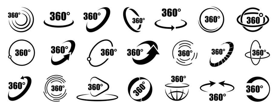 360 degree icon collection in black. Set of rotation, orbit, panorama, arrow, circle, spin and direction symbols
