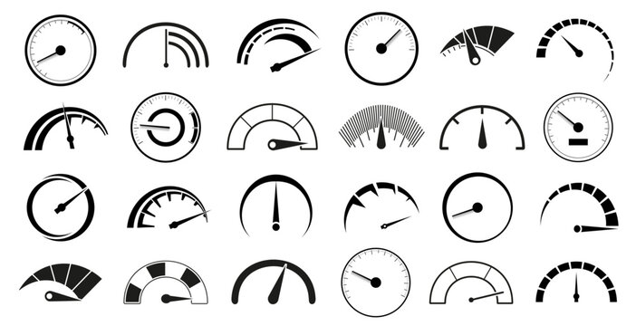 Speedometer and gauge icon collection in black. Set of meter, dashboard, scale, indicator, dial, speed and measurement icons