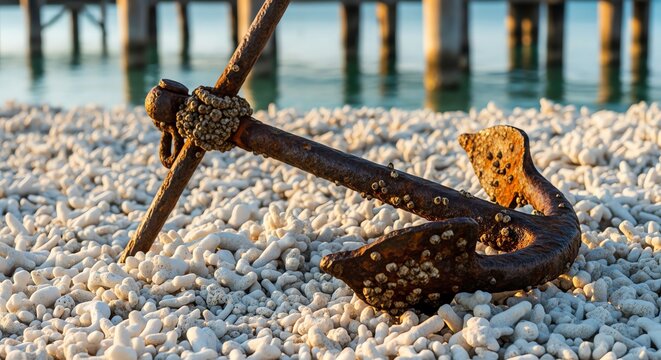 Old rusty metal ship anchor lying on white coral beach pebbles with blurred wooden pier background under golden sunset light