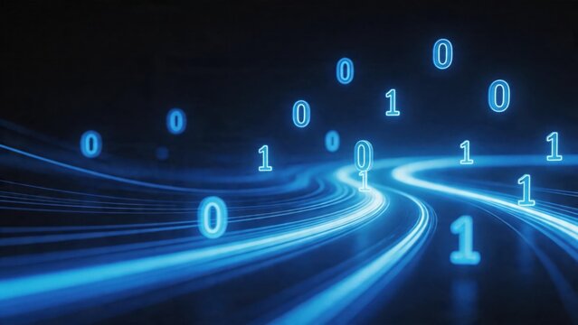 Blue glowing binary code on curved lines