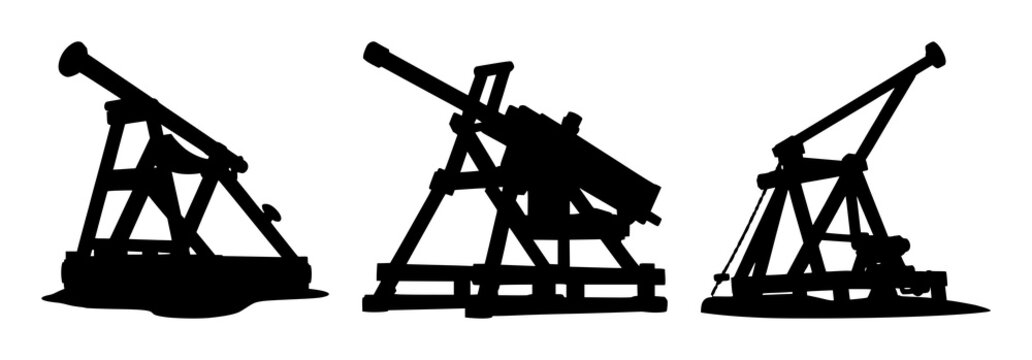 Trebuchet set with solid black silhouette of medieval siege engine featuring sharp edges, isolated background, line art with warfare and history