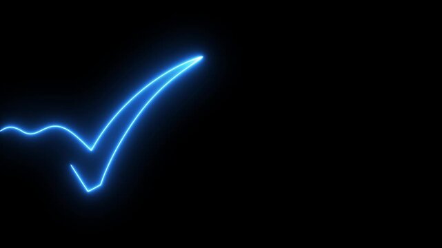 Neon blue check mark forming on black background abstract glowing line animation success confirmation approval verification concept 4k animation.