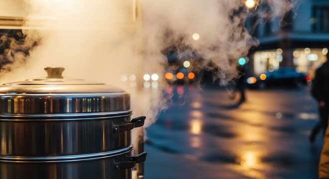 Steaming metal food steamer pot on a busy city street corner during twilight with soft bokeh urban background lighting