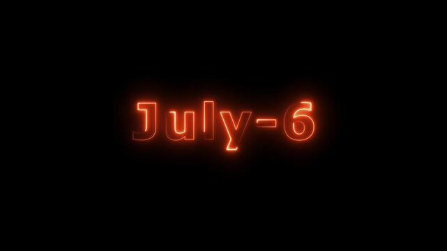 Glowing orange color neon text July month's 6 date calendar icon concept 4k animation, on black background.