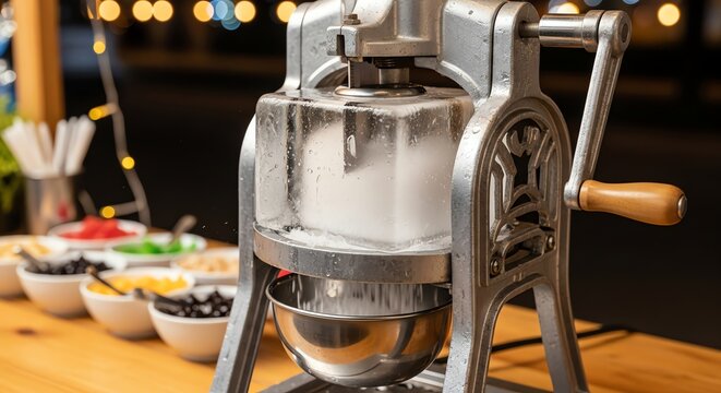 Vintage manual ice shaver machine crushing block of ice on wooden counter with colorful dessert toppings in background bowls