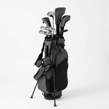 Golf bag with clubs and accessories.
