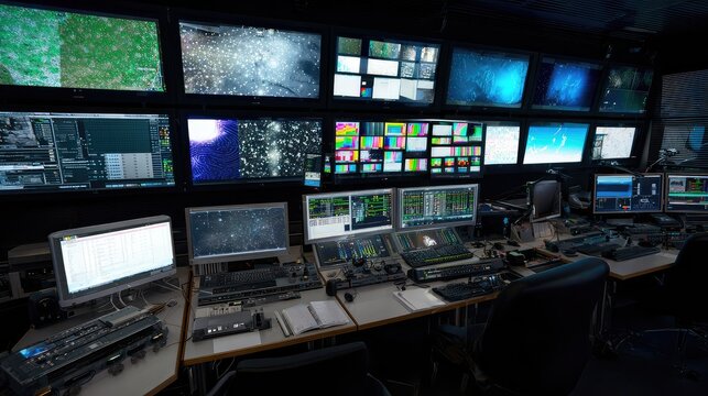 Modern broadcast control room featuring an array of monitors on a wall and production desks with various pieces of video and audio equipment for media management