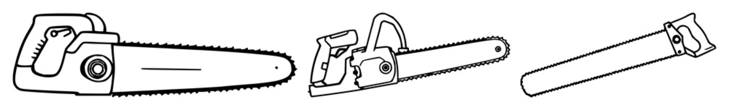 Saw set with crisp black line art on white background featuring industrial blade, mechanical hand tool, cutting implements with precision and utility