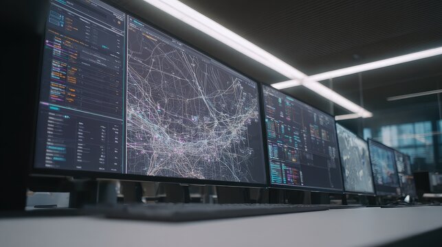 Modern control room workstations displaying complex data visualizations, including a map with connected lines, various charts, and vital information for system monitoring and analysis