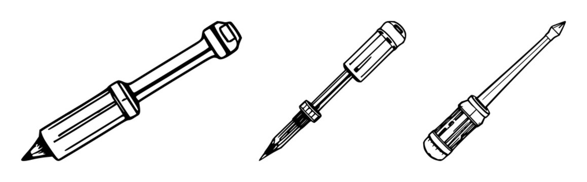 Screwdriver set with black line art on white background featuring single tool, mechanical illustration, geometry with precise angles and sharp details