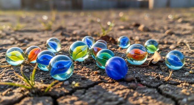 Collection of colorful glass marbles scattered on dry cracked earth ground, close up view with shallow depth of field, outdoor natural lighting, nostalgic atmosphere