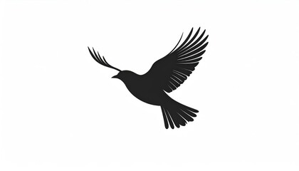 Fototapeta premium Black Silhouette Bird Flying with Spread Wings on White Background